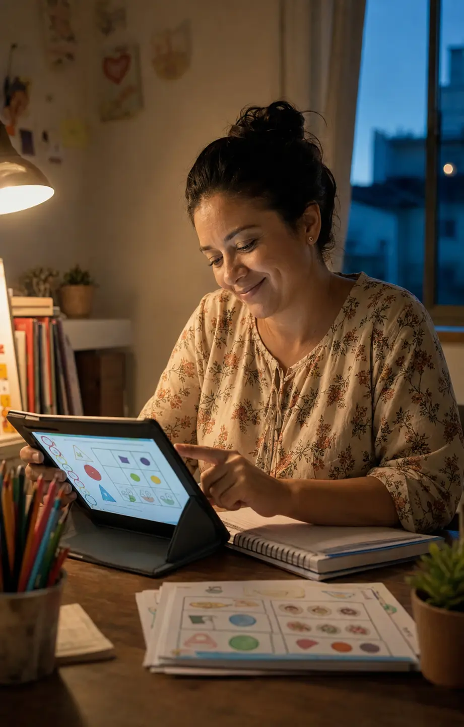 Professora consultando atividades prontas em um tablet
