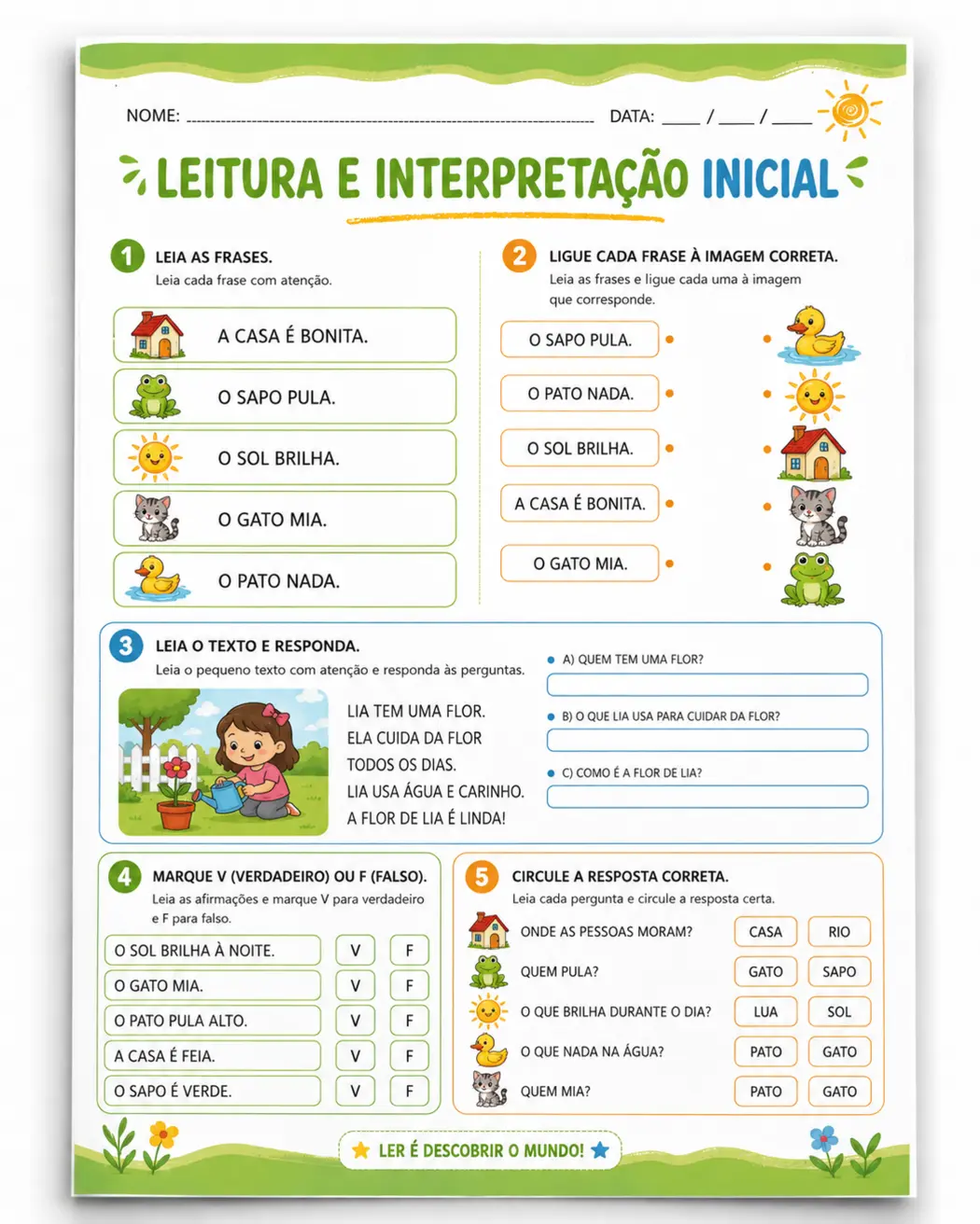 Amostra real de atividade de leitura e interpretação inicial